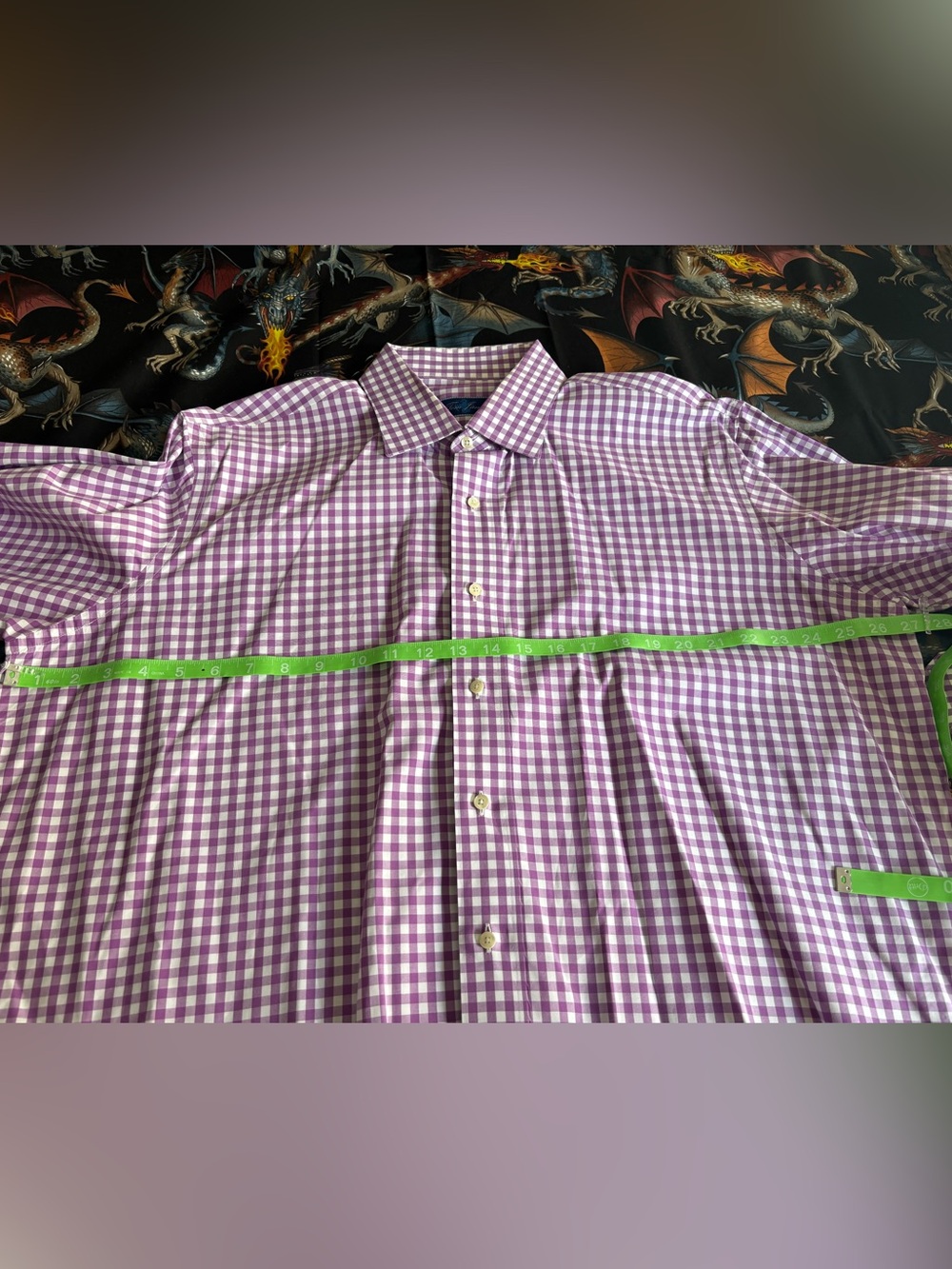 TAKING OFFERS! Tom James Custom Purple Gingham Dress Shirt, *XL (see measurement - Picture 6 of 9